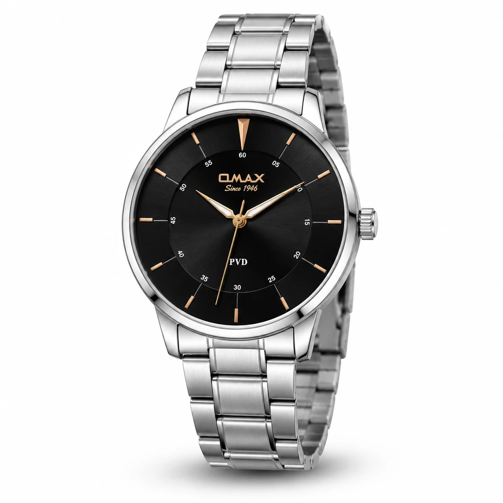 ساعت مچی اصل  مردانه اماکس مشکی رزگلد OMAX (Since 1946